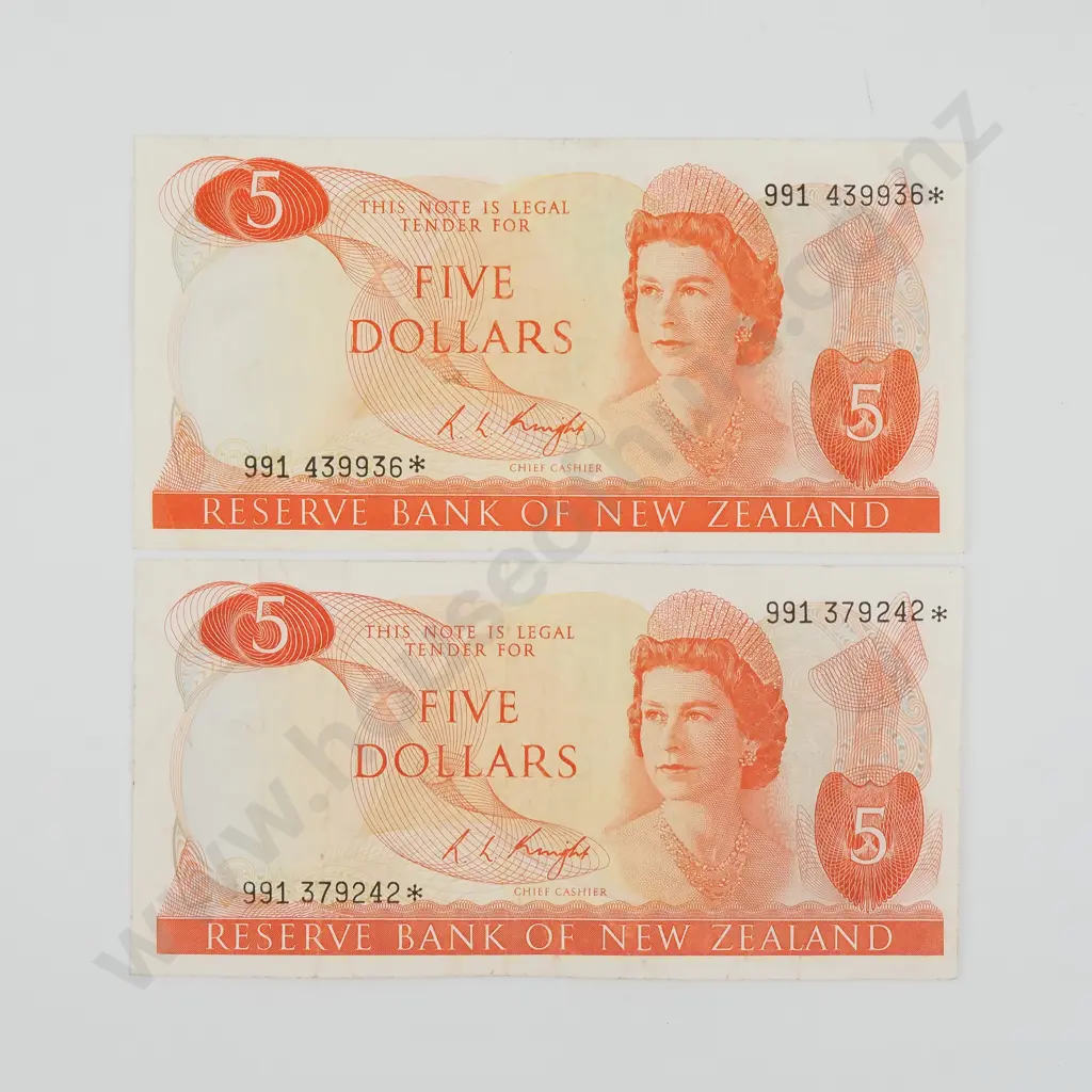 Two New Zealand Five Dollar Knight Star Banknotes Image 1++