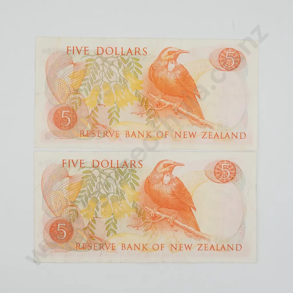 Two New Zealand Five Dollar Knight Star Banknotes Image 1++