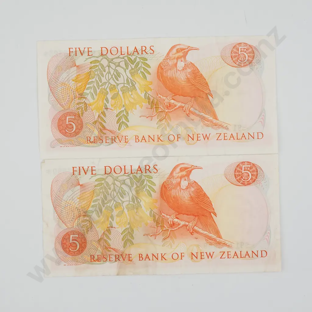 Two New Zealand Five Dollar Knight Star Banknotes Image 1++