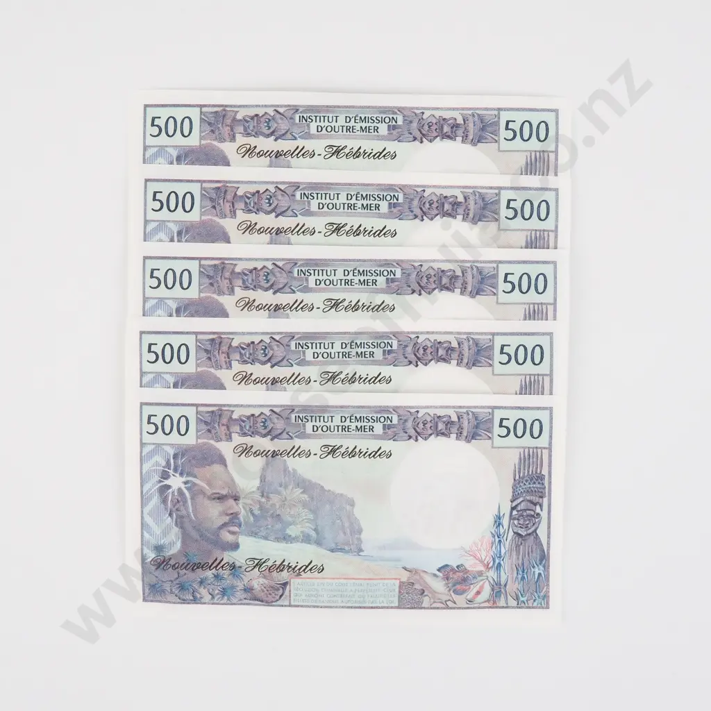 Five X 500 Franc New Hebrides Consecutive Banknotes CV $675 USD Image 1++