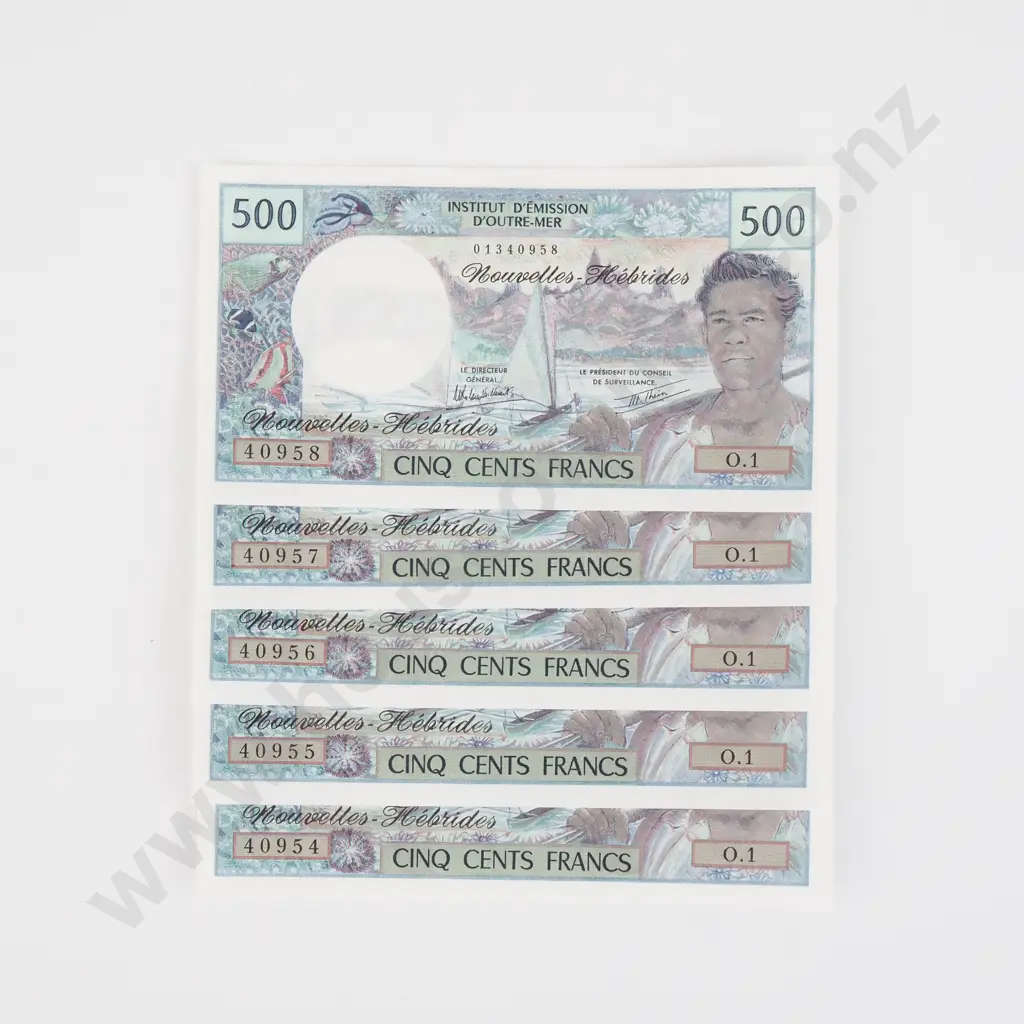 Five X 500 Franc New Hebrides Consecutive Banknotes CV $675 USD Image 1++
