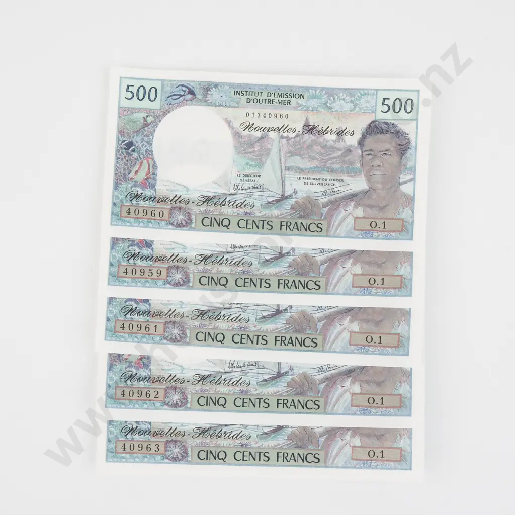 Five X 500 Franc New Hebrides Consecutive Banknotes CV $675 USD Image 1++