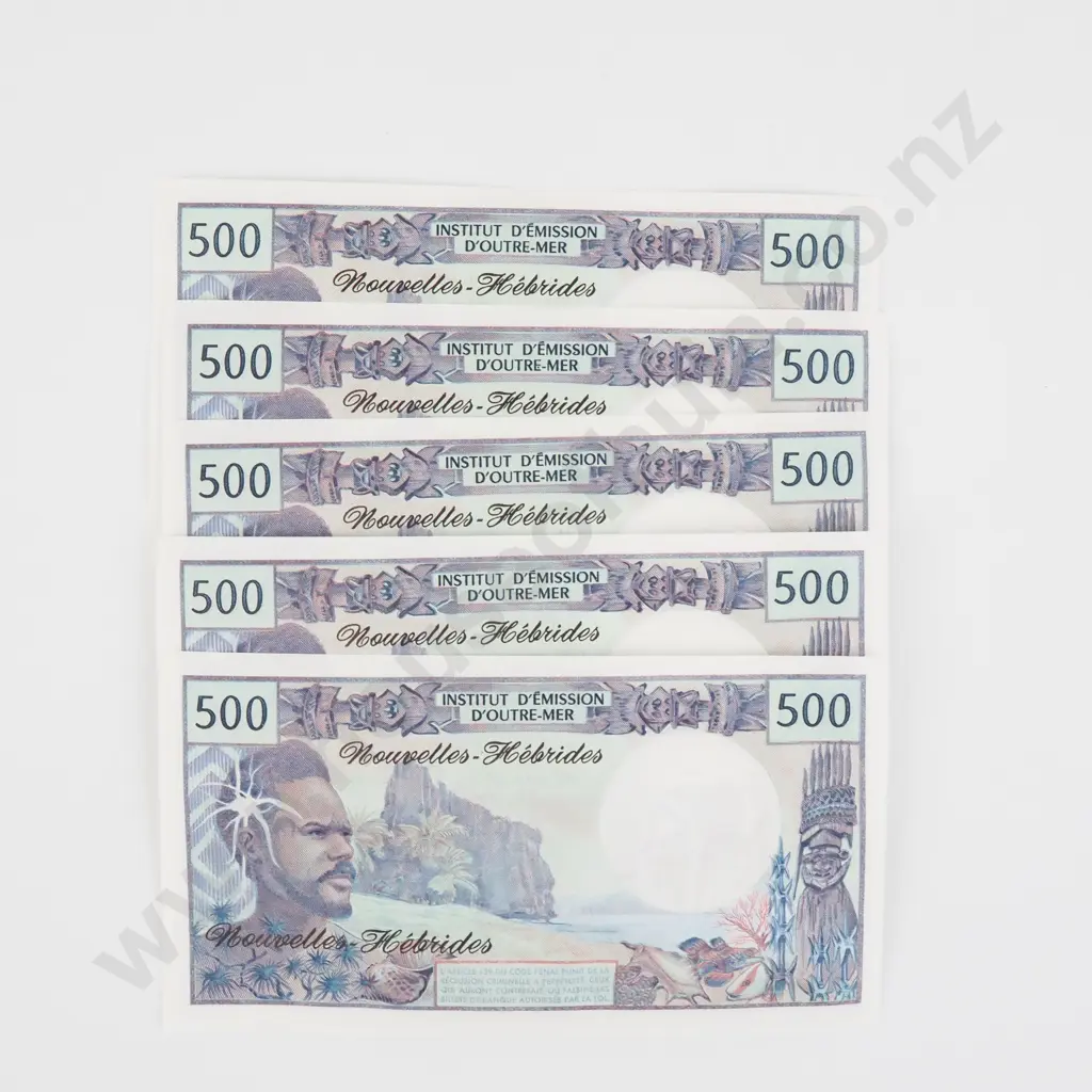 Five X 500 Franc New Hebrides Consecutive Banknotes CV $675 USD Image 1++