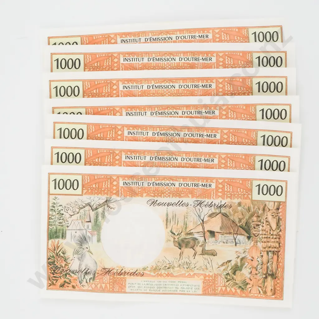 Seven X 1000 Franc New Hebrides Consecutive Banknotes CV $1295 USD Image 1++