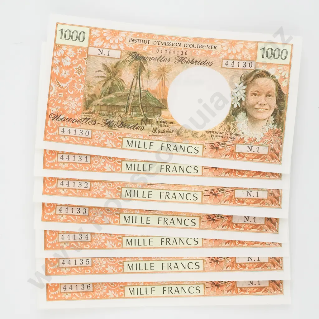 Seven X 1000 Franc New Hebrides Consecutive Banknotes CV $1295 USD Image 1++