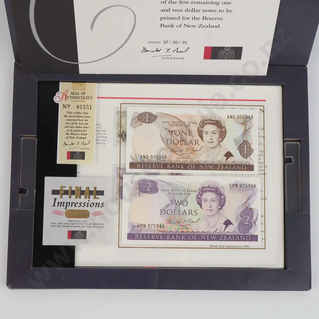 1991 Final Impressions - Final One & Two Dollar Notes to be Printed for the RBNZ Image 1++