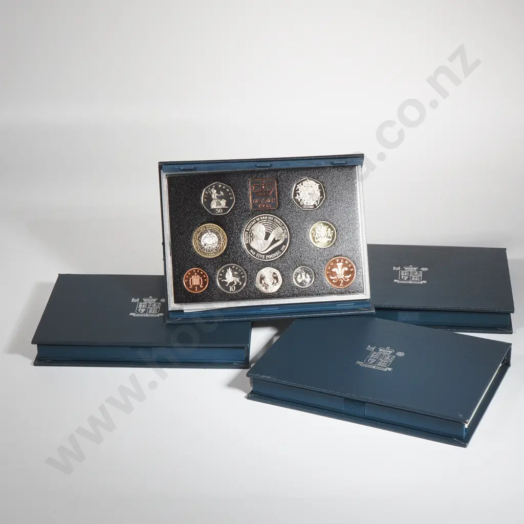 Four United Kingdom Proof Sets - All w Five Pound Coins - 1996/97/98/99 Image 1++