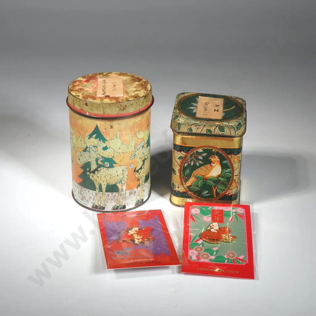 Two Tins of Assorted Stamps & Two Badges  Image 1++