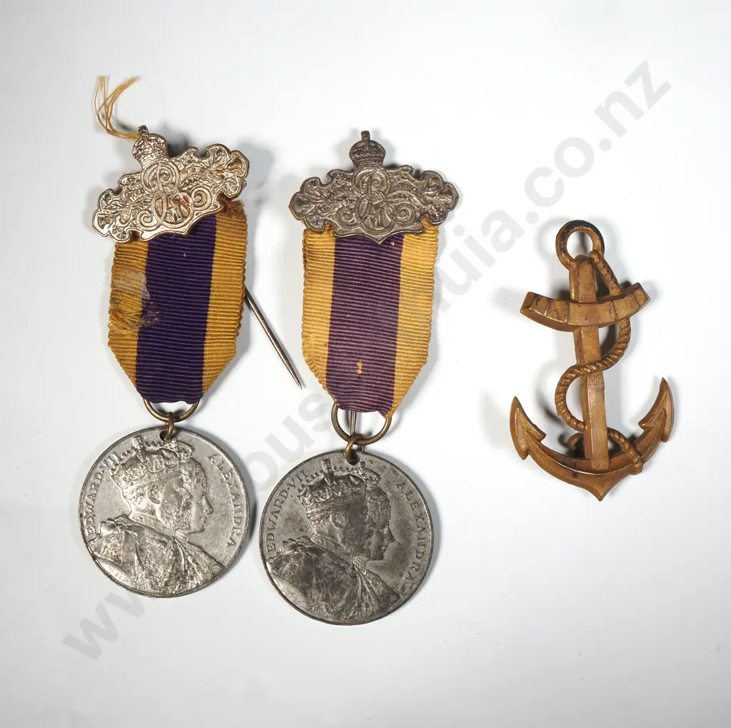 Two 1902 Coronation Pins & Naval Anchor Cap Badge - Pin Removed  Image 1++