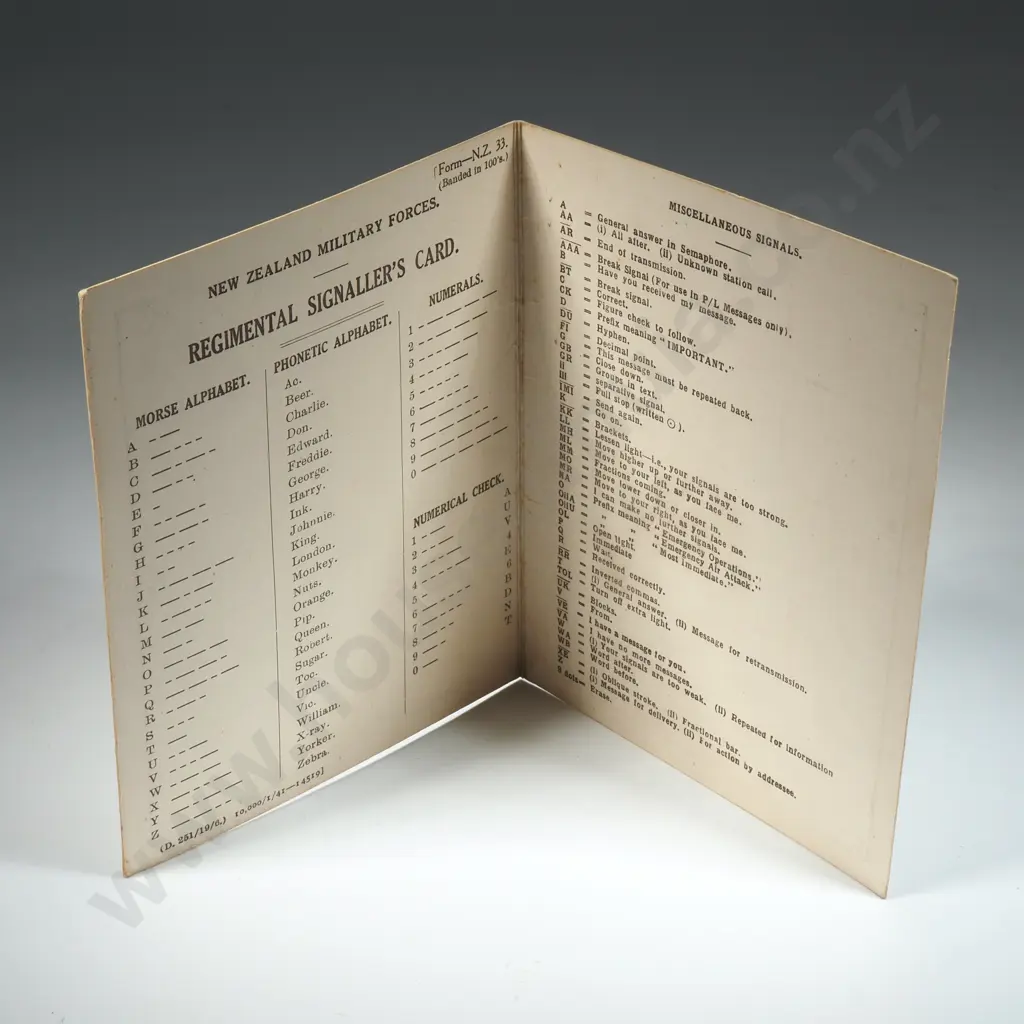 WWII NZ Regimental Signaller's Card Showing Morse Code Signals. Image 1++