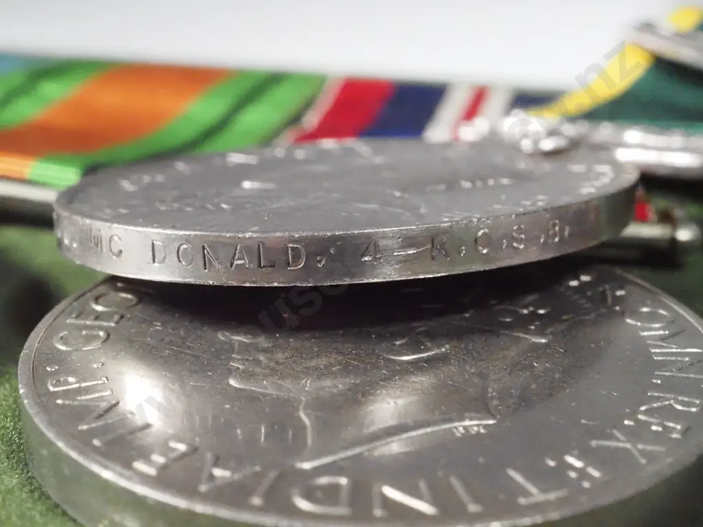 GB WWII Medal Group of Five - K.O.Scottish Borders & Dog Tag on Shaved Penny. Image 1++