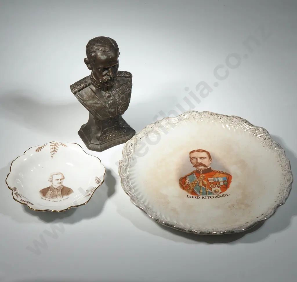 Lord Kitchener and a Captain Cook Memorial China Plates, & Spelter Bust of Lord Roberts. Image 1++