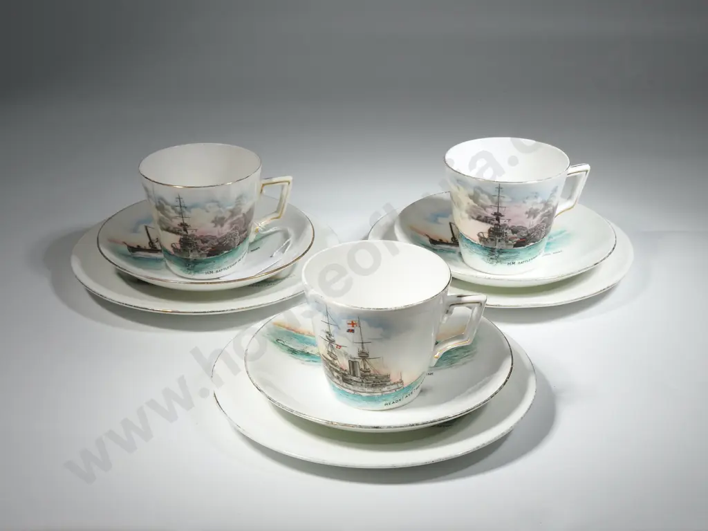 Three Shelley Cups, Saucers &  HM Plates Battleship In Action, Ready! Aye! Ready!, A British MIning Boat, Image 1++