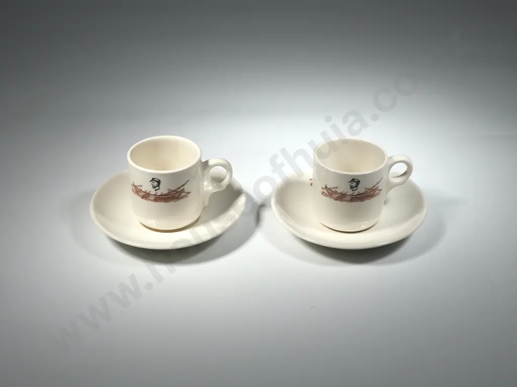 Pair of Demi-Tasse Cups & Saucers by Dunn & Co. Ltd. Featuring a Rowing Boat & the Bust of a Sailor Image 1++