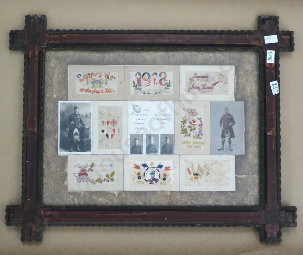Pair Of Large Ornate Frames Containing WWI Photographs & Silk Postcards. Image 1++