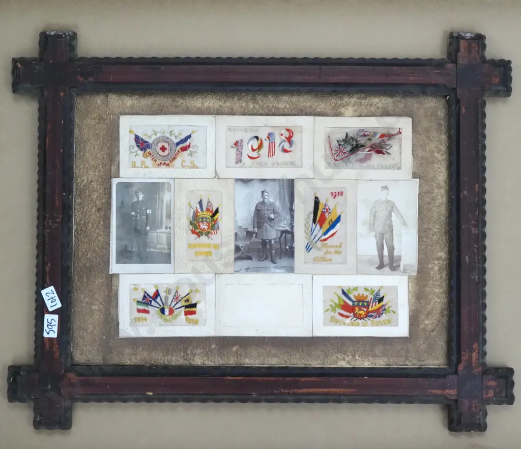 Pair Of Large Ornate Frames Containing WWI Photographs & Silk Postcards. Image 1++