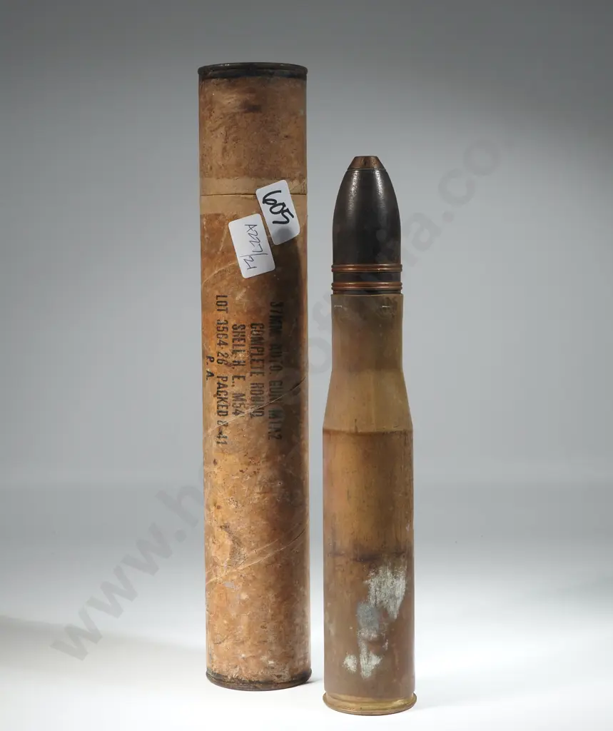 37mm Cartridge round M1A2 Anti Aircraft in original carry tube, 1941 dated Image 1++