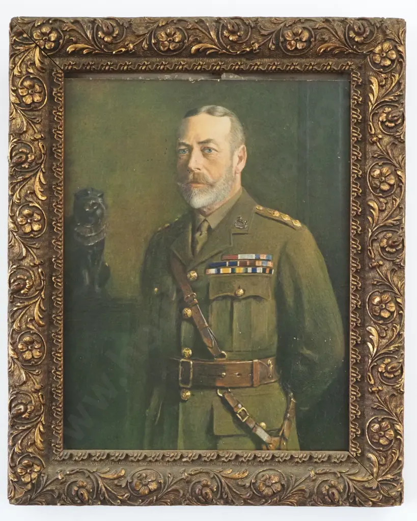 Gilt Framed Oleograph Of His Majesty The KIng, Colonel In Chief The Kings Liverpool Regiment From The Painting Image 1++