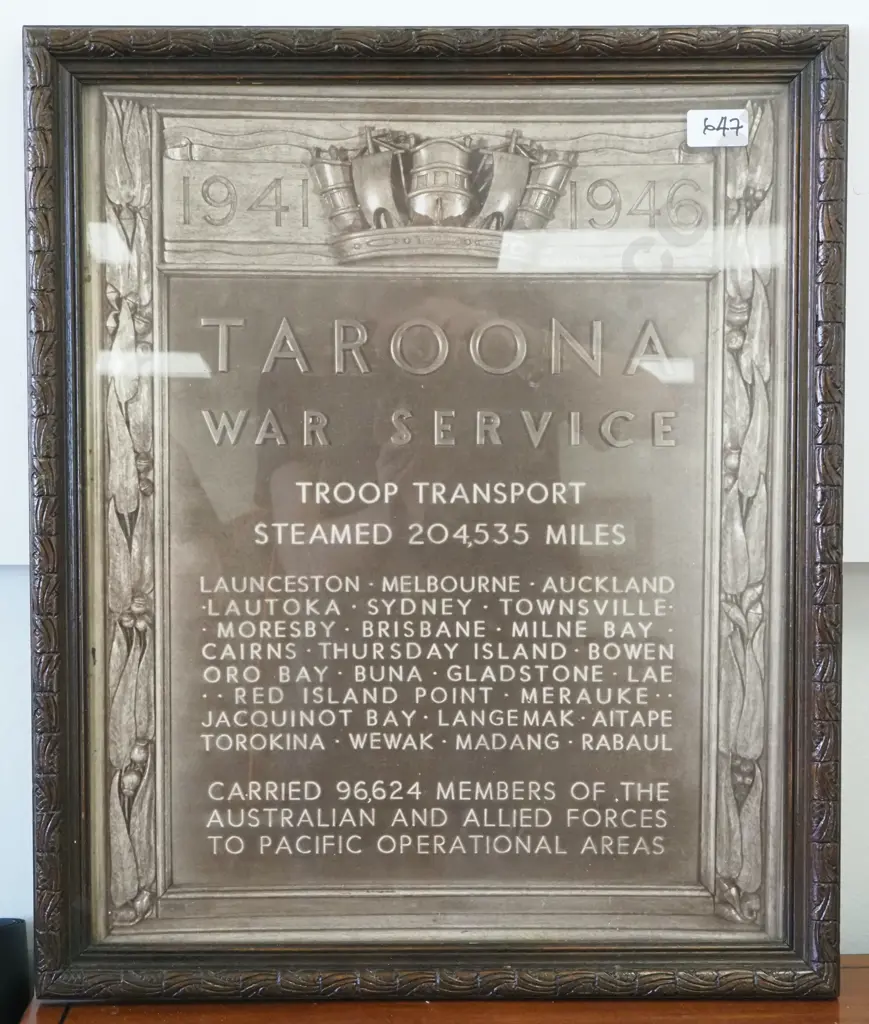 Ornately Framed Print of The Taroona War Service Plaque. Image 1++