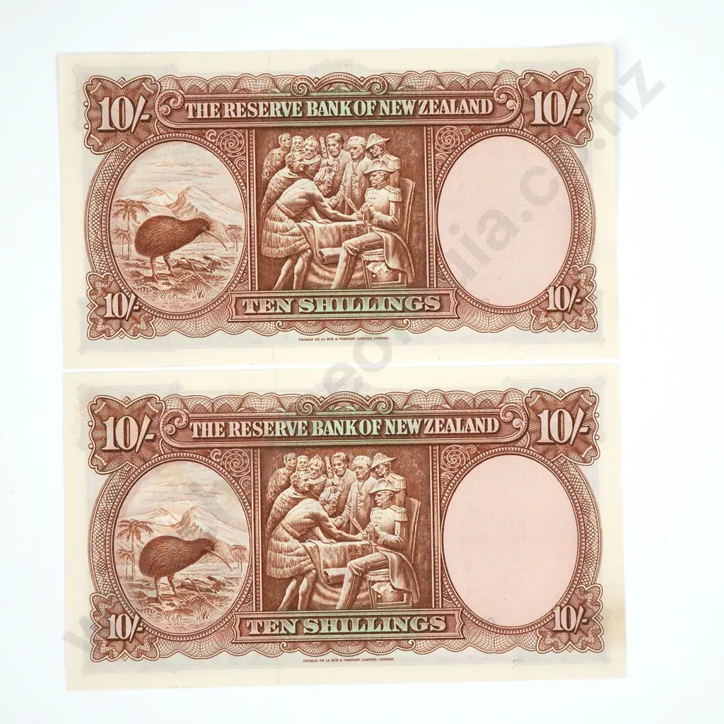 Consecutive Pair of Ten Shillings Fleming Banknotes - Last Prefix - UNC CV $500 Image 1++