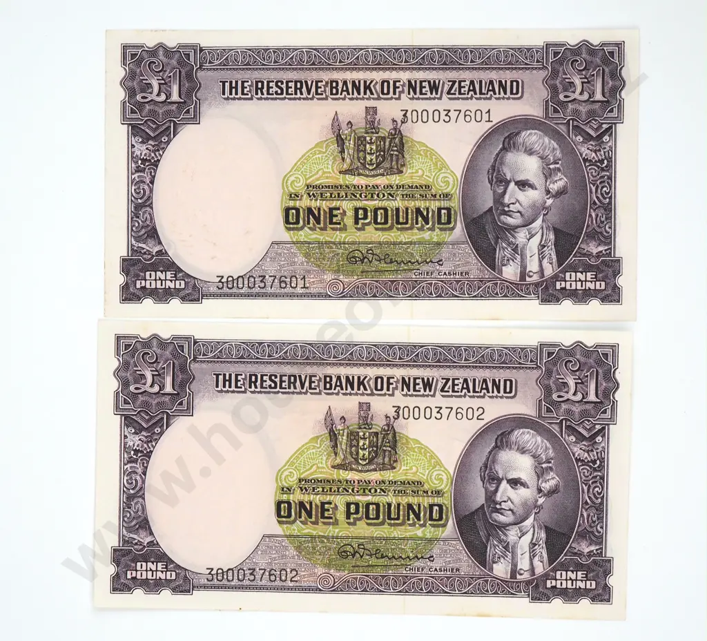 Consecutive Pair of One Pound Fleming Banknotes - Last Prefix -UNC CV $600 Image 1++