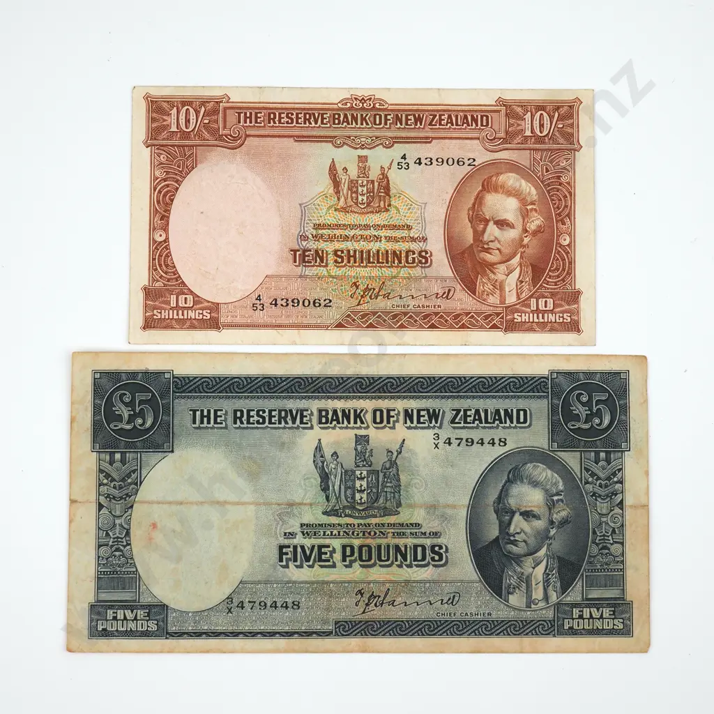 Two Hanna Signature Notes - Ten Shillings Prefix 4/53 Fine & Five Pound Prefix 3/X VG Total CV $110 Image 1++