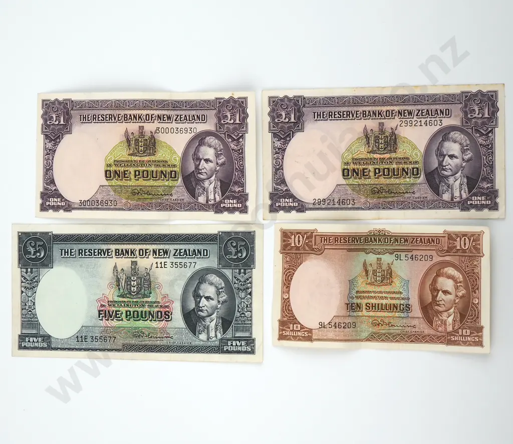Four Fleming Banknotes Each VF - Ten Shillings / Two One Pound & Five POunds - Total CV $275 Image 1++