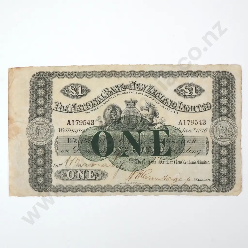 The National Bank of New Zealand Limited One Pound, 1st January 1916 Image 1++