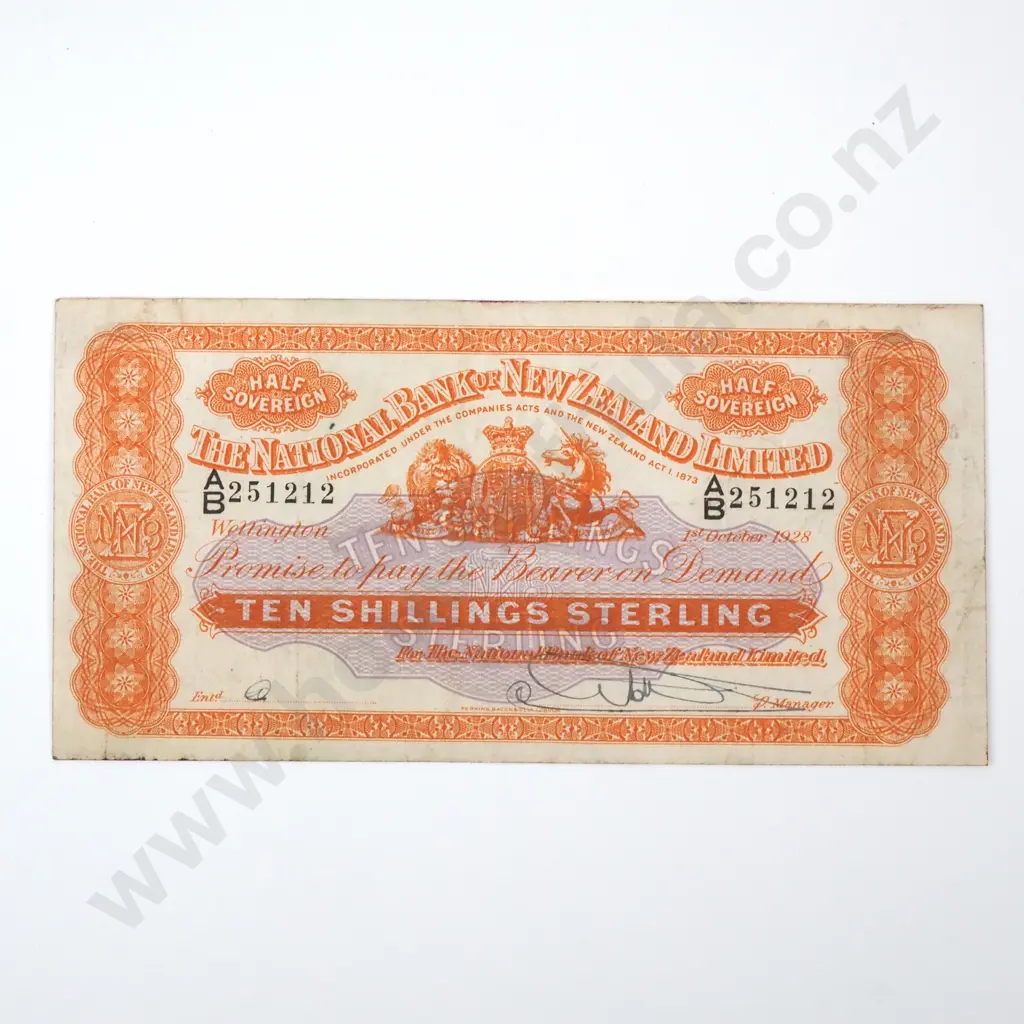 The National Bank of New Zealand Limited Ten Shillings, 1st October 1928 Image 1++