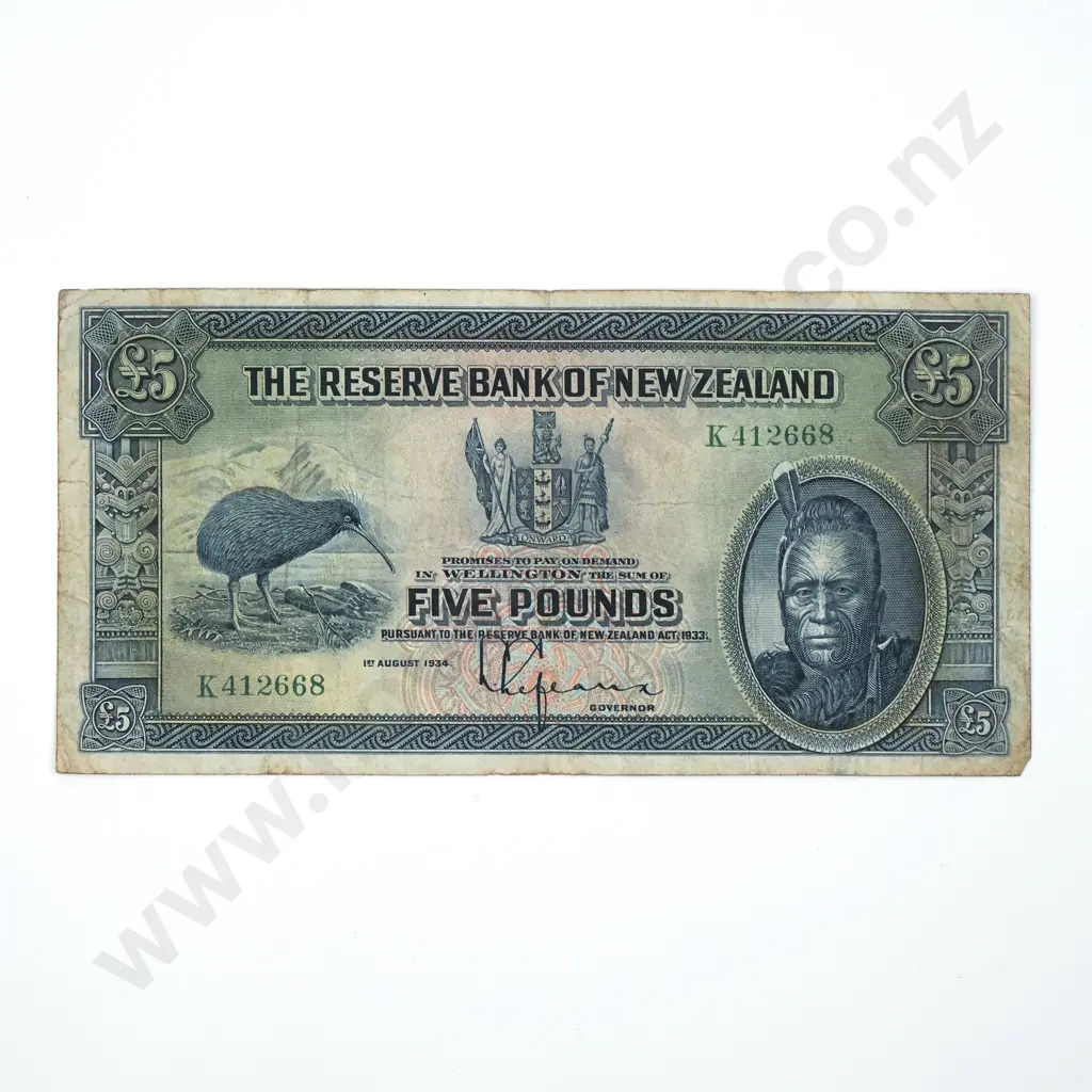 New Zealand Five Pound Lefeaux - Circulated Condition  Image 1++