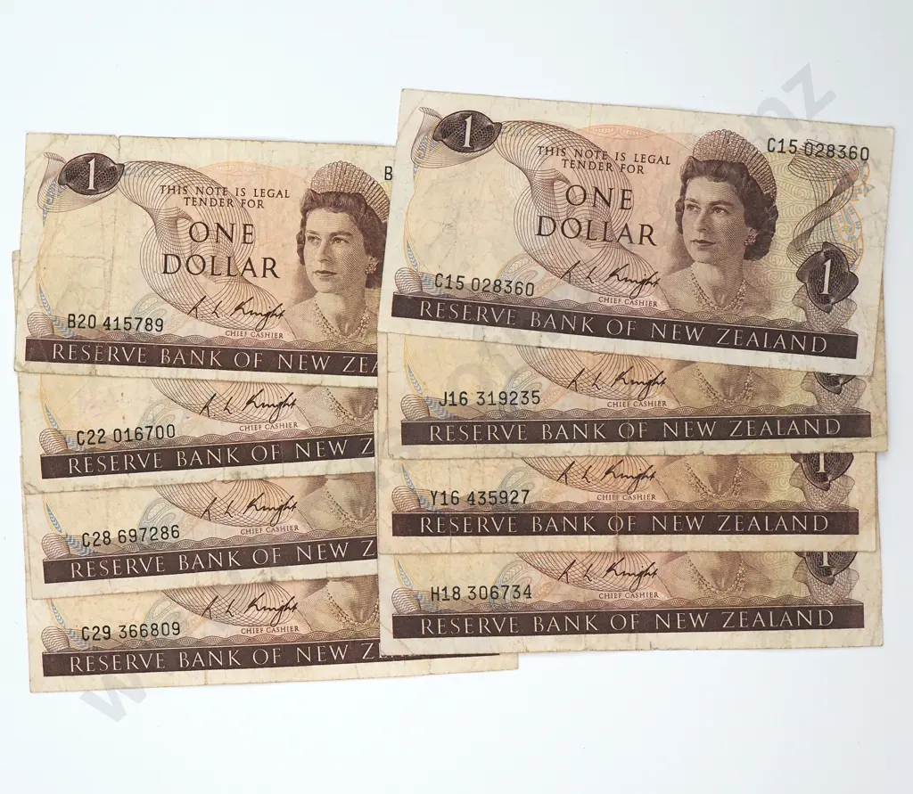 Eight One Dollar Knight Banknotes - Various Prefixes - Average Condition  Image 1++