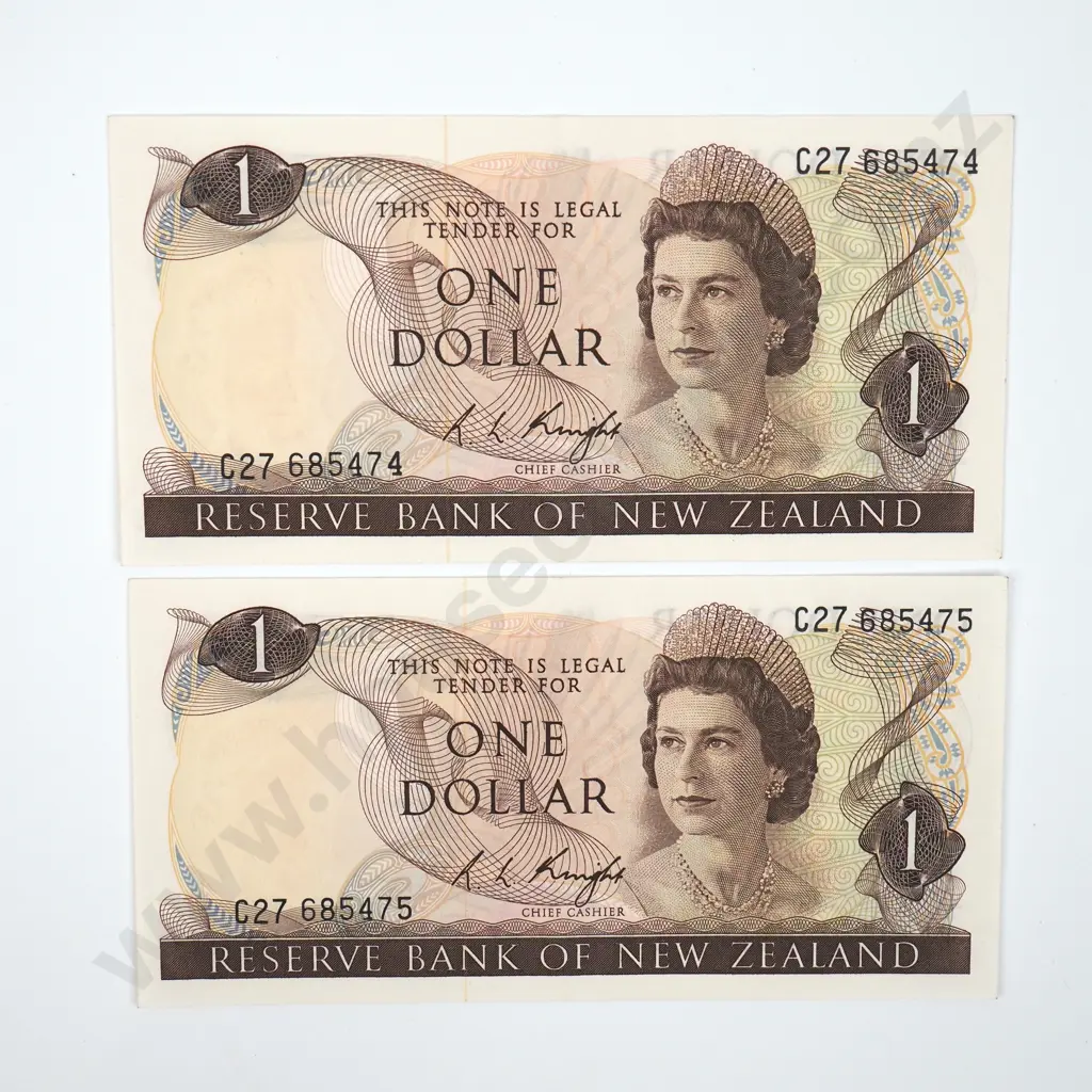 Two Consecutive Knight One Dollar Banknotes - AUNC w slight Centre Crease  Image 1++
