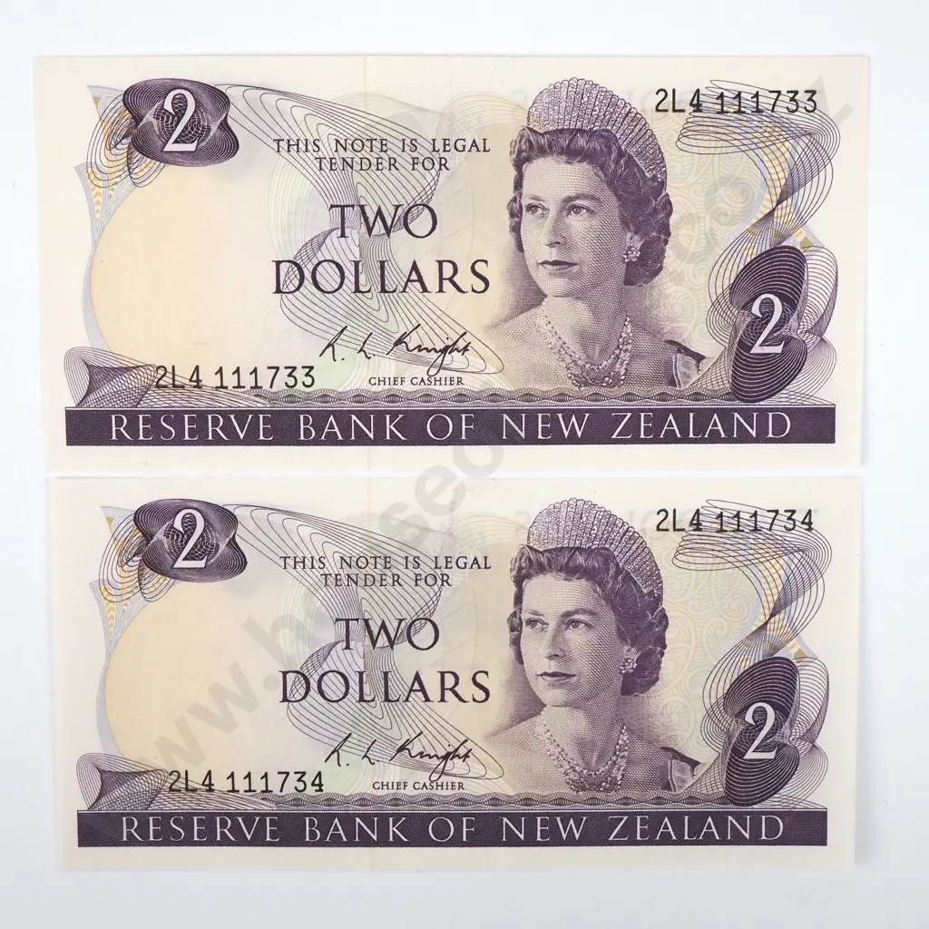 Two Consecutive Knight Two Dollar Banknotes - 2L4 Prefix  Image 1++