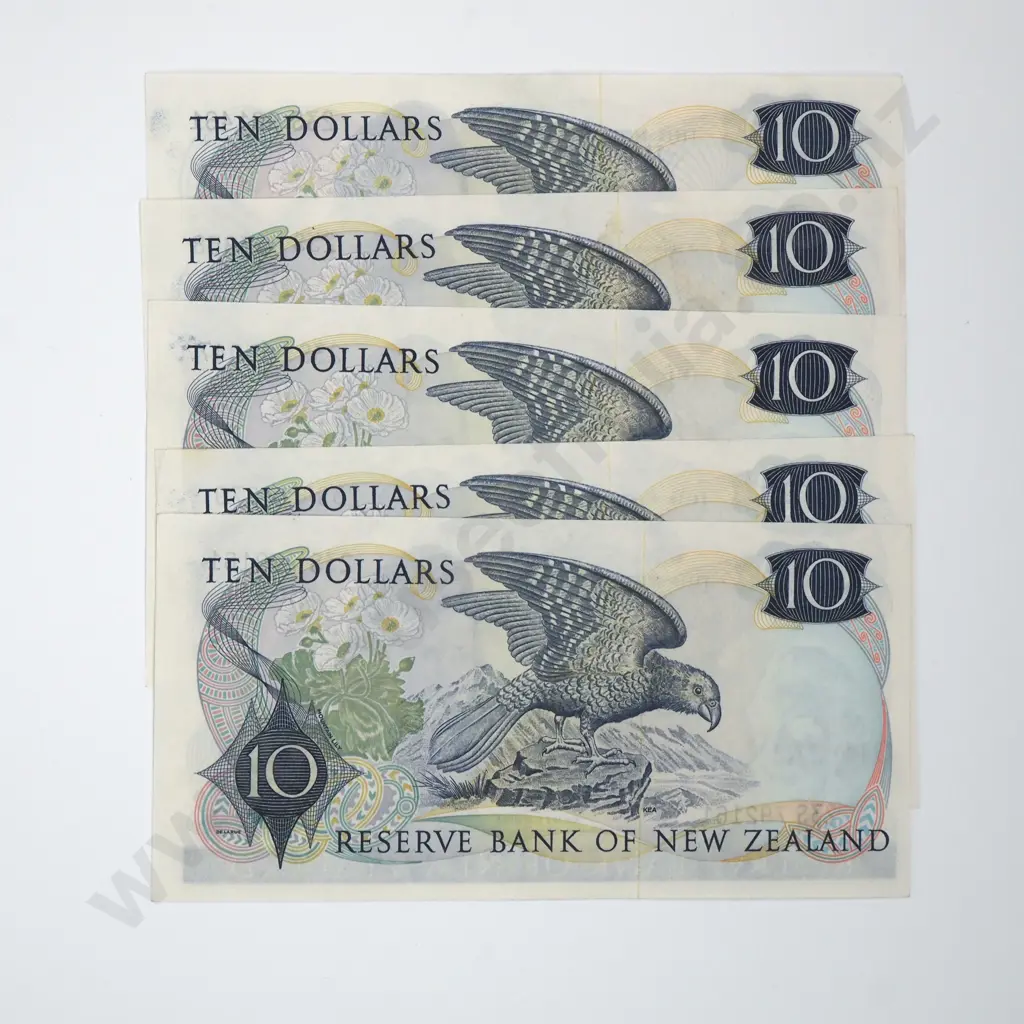 Five Ten Dollar Knight Signature Banknotes - Various Prefixes - EF Total CV $300 Image 1++