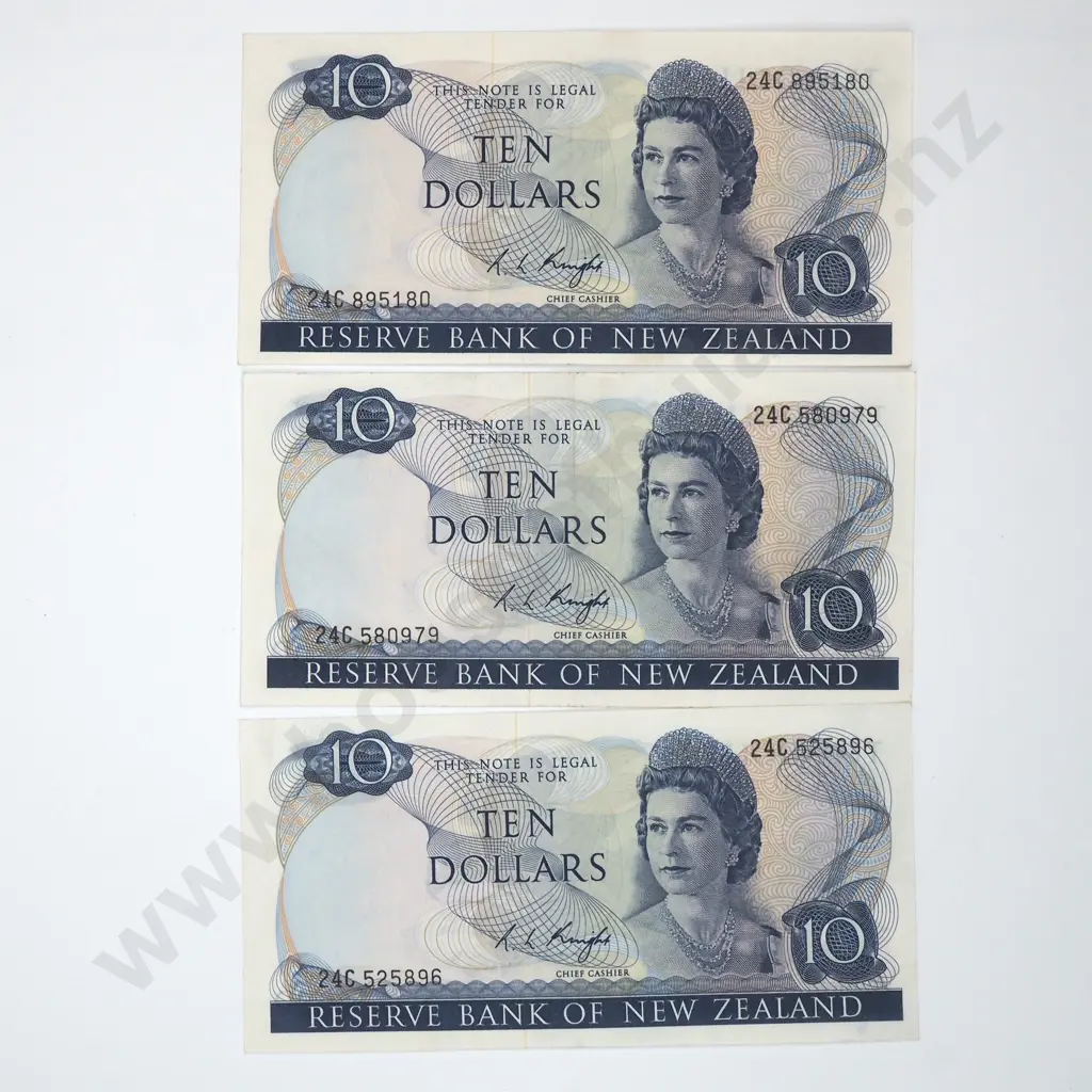 Three Ten Dollar Knight Signature Banknotes - Various Prefixes - EF Total CV $300 Image 1++