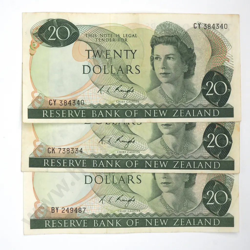 Three Twenty Dollar Knight Banknotes - Various Prefixes - Fine or Better - Min Total CV $150 Image 1++