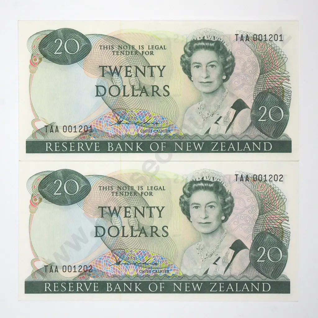 Consecutive Pair of Twenty Dollar Hardie Banknotes - TAA Prefix - Very Low Serial Number - AUNC  Image 1++