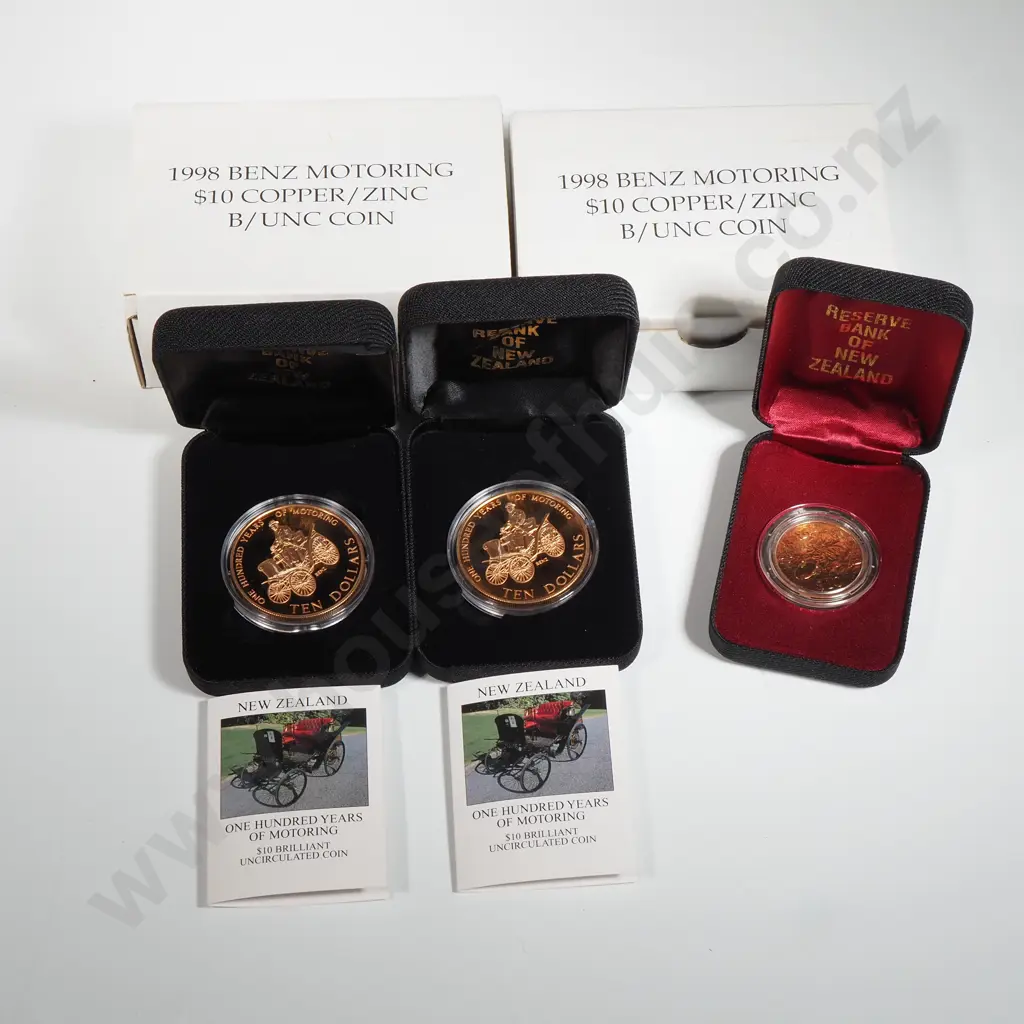 Three Cased New Zealand UNC Ten Dollar Coins - One Missing Outer Box  Image 1++
