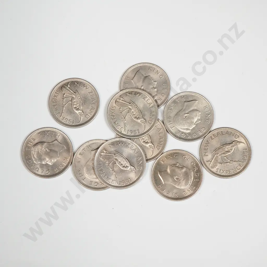 10 New Zealand 1951 Sixpence Coins UNC Total CV $150 Image 1++