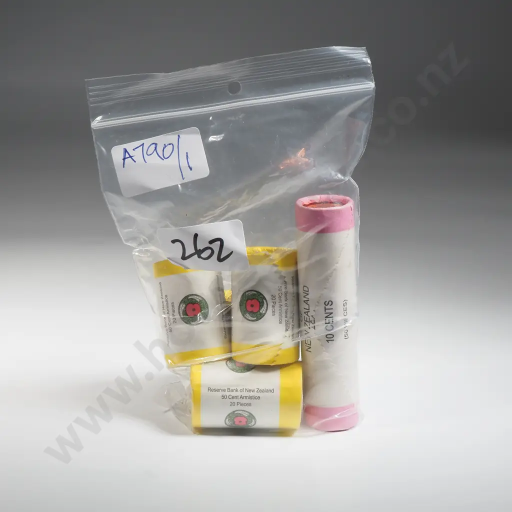 Four 2018 Armistice Rolls of Fifty Cent Coins & Roll of 50 Ten Cent Coins Image 1++