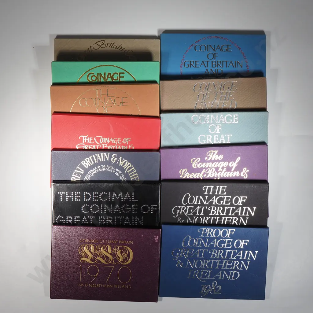 13 x UK proof coin sets complete from 1970 to 1982 in original cardboard folders, Combined C.V. 238 pounds ( NZD $550 ) Image 1++