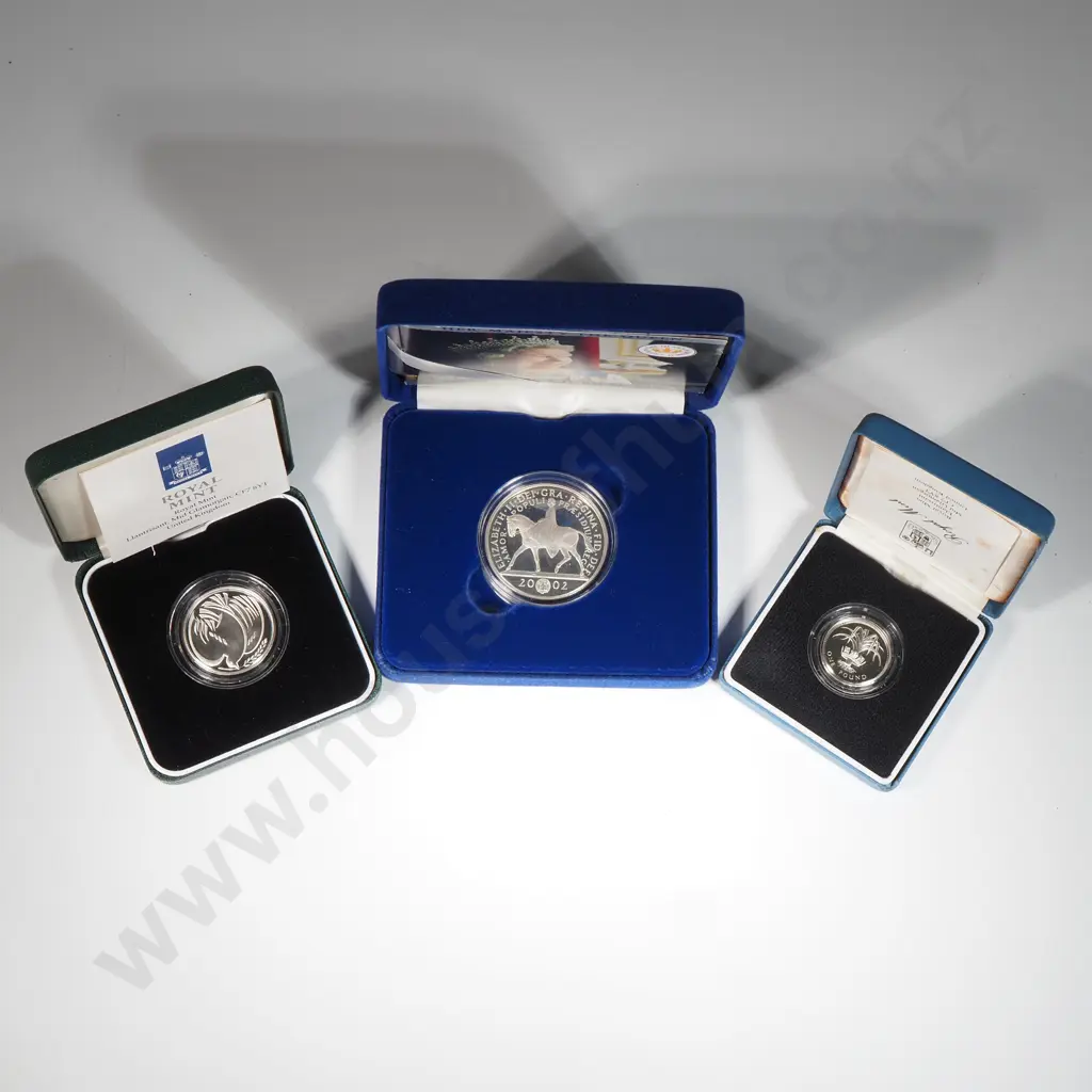 UK 1985 proof silver one pound, 1995 proof silver two pounds and 2002 proof silver five pounds, each with COA’s Image 1++
