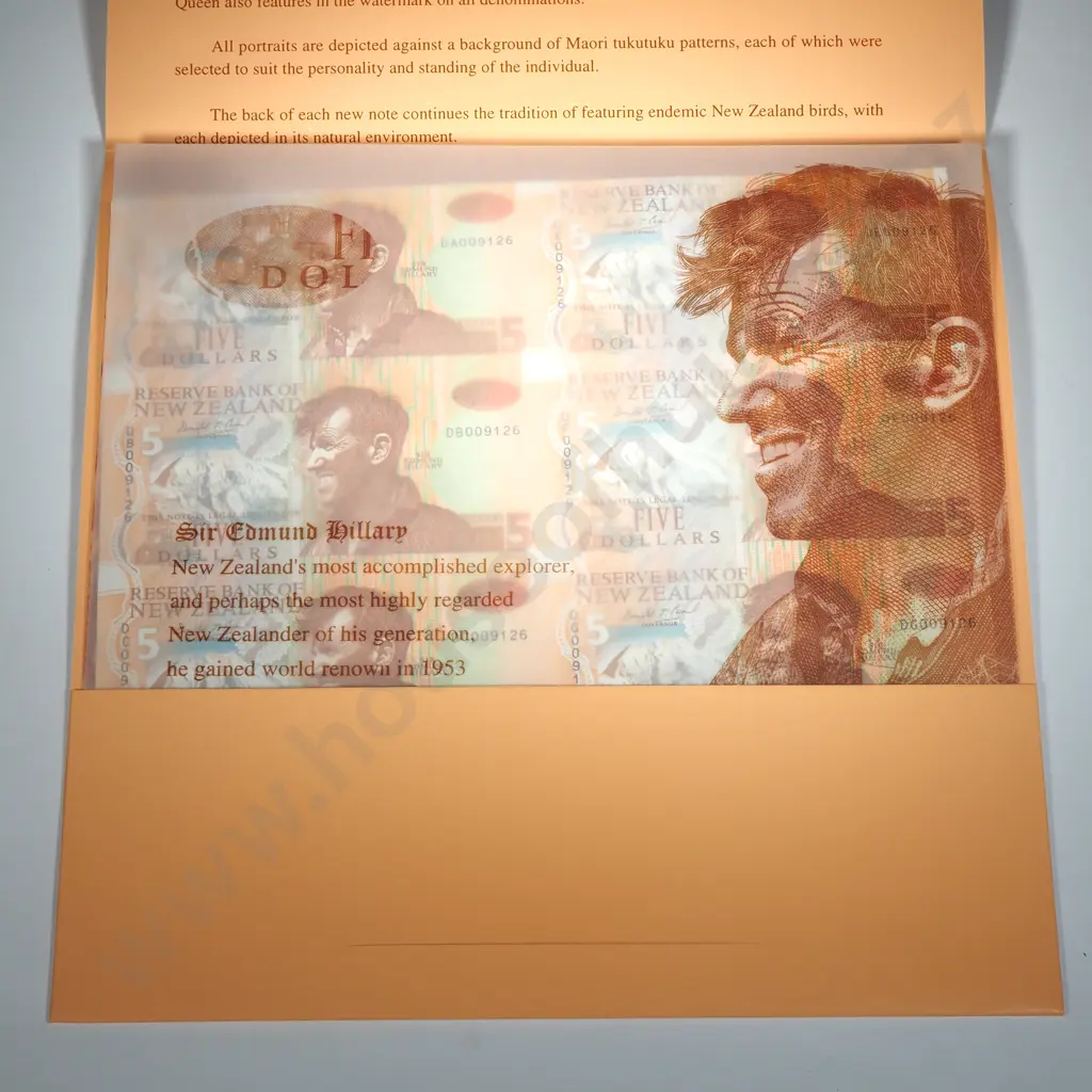 New Zealand Uncut Sheet of Eight Five Dollar Banknotes in Presentation Pack  Image 1++