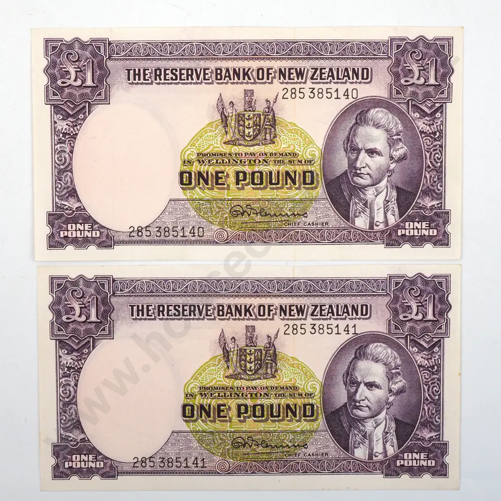 Two Consecutive New Zealand One Pound Fleming Banknotes - AUNC  Image 1++