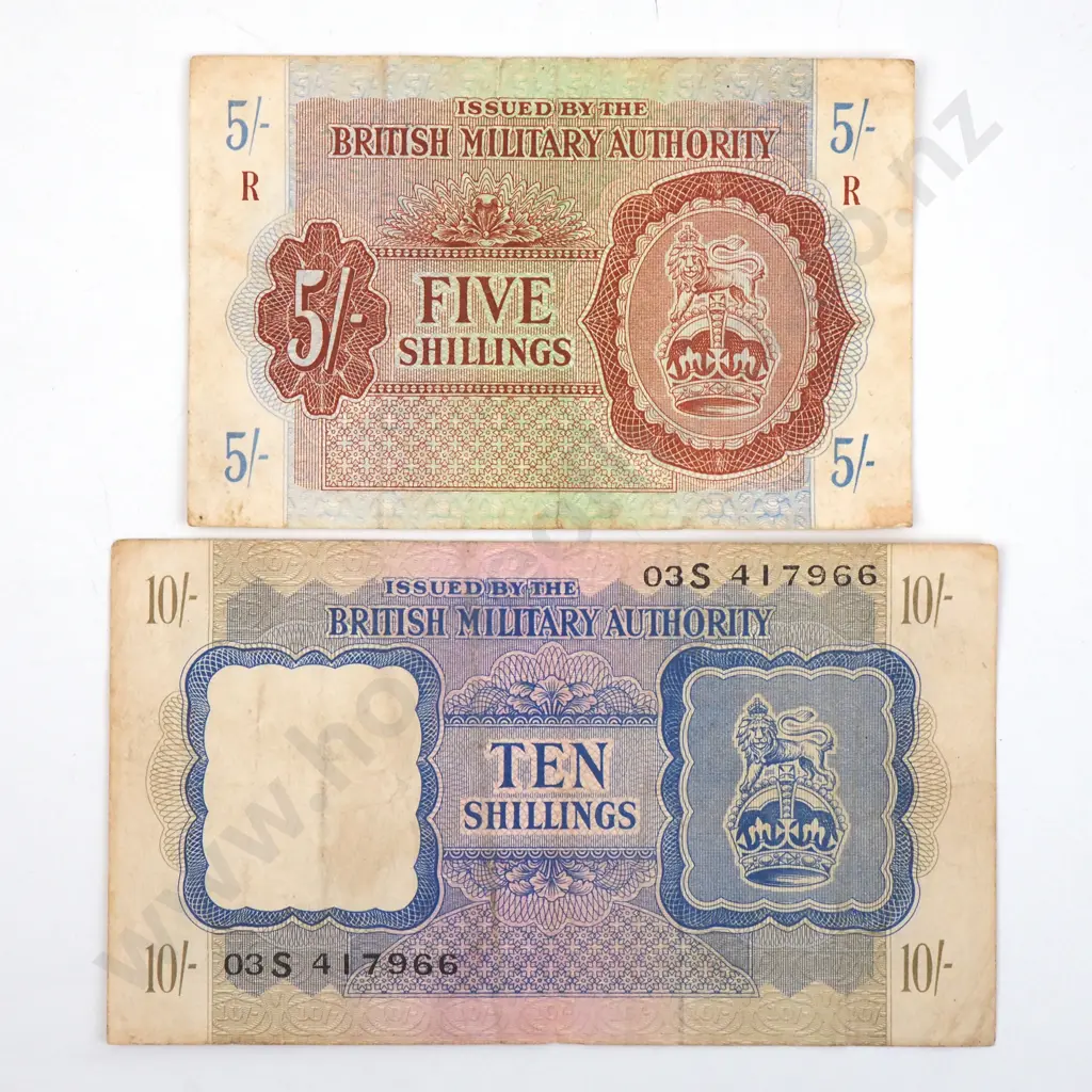 Two British Military Authority Banknotes - 5 Shilling & 10 Shilling  Image 1++