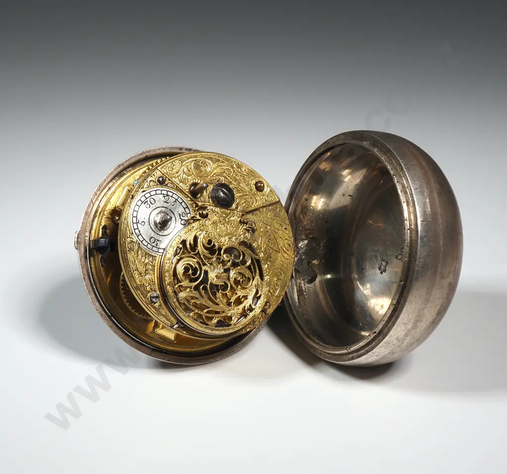 1751 Hallmarked Sterling Silver Pair Case Pocket Watch by Dobson - Outer Case Missing & Damage to Dial Image 1++