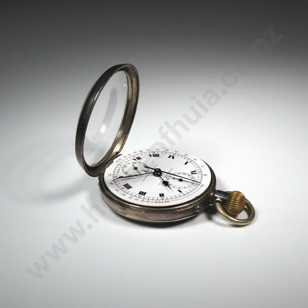 Sterling Silver 935 Silver Chronograph made for Teagle Smith & Sons Wellington - Enamel Dial & Blued Hands - Excellent Image 1++