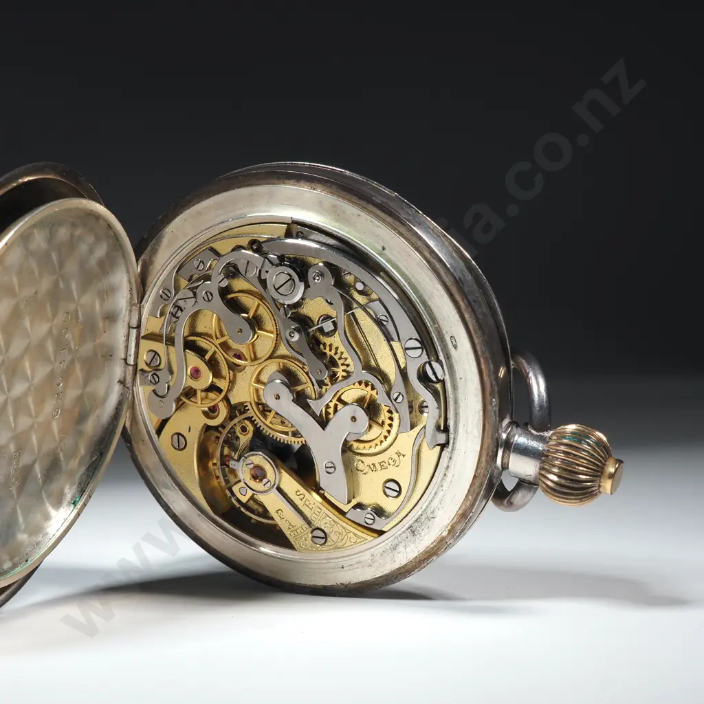 Sterling Silver Omega Chronograph w Enamel Dial & Blued Steel Hands - Stop Start & Centre Working Image 1++