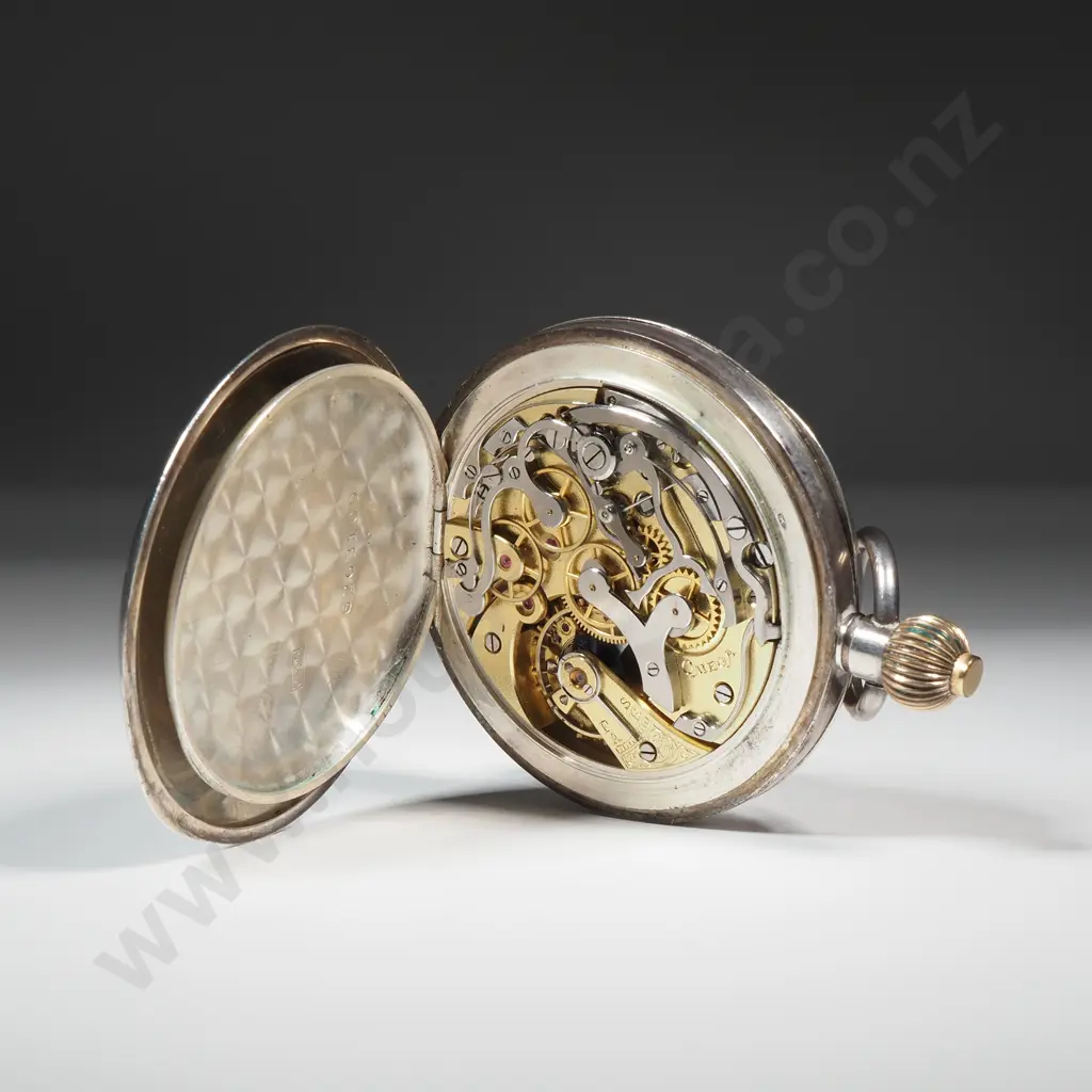 Sterling Silver Omega Chronograph w Enamel Dial & Blued Steel Hands - Stop Start & Centre Working Image 1++