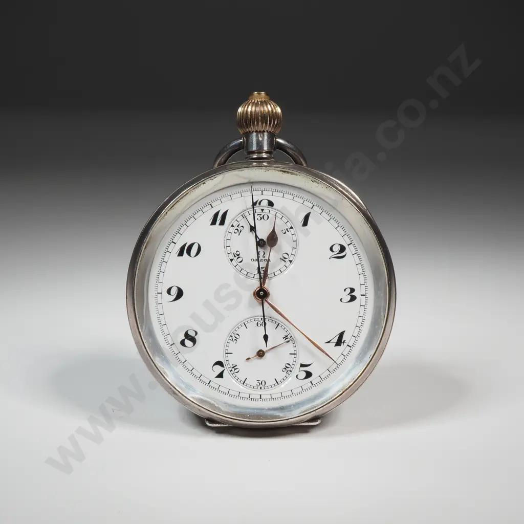 Sterling Silver Omega Chronograph w Enamel Dial & Blued Steel Hands - Stop Start & Centre Working Image 1++